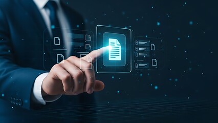 Businessman interacting with virtual document interface on dark background