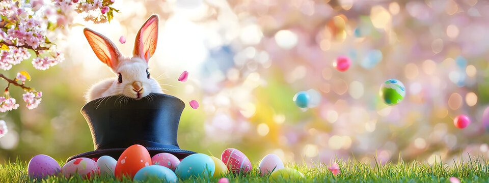 A decorative bunny in an elegant top hat poses next to brightly colored Easter eggs on a green lawn, against a backdrop of blooming cherry blossoms and a clear spring sky - Powered by Adobe