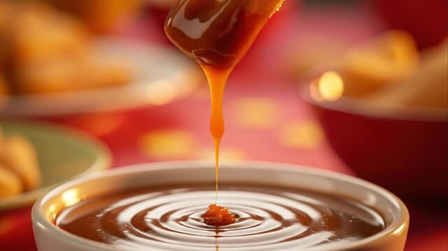 Close up of golden churro being dipped into rich chocolate sauce