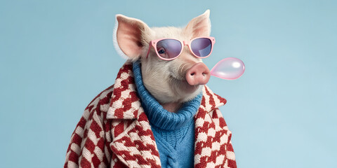 Realistic fashion portrait of a pig standing upright, wearing a red and white wool coat and blue sweater, pink sunglasses with blue lenses, blowing a bubble gum bubble, studio lighting, solid blue bac