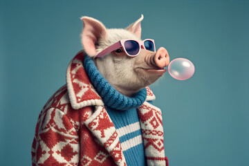 Realistic fashion portrait of a pig standing upright, wearing a red and white wool coat and blue sweater, pink sunglasses with blue lenses, blowing a bubble gum bubble, studio lighting, solid blue bac
