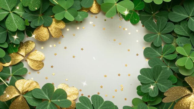 Festive St. Patrick Graphic Design Green and Gold Shamrocks, Sparkling Stars, Clover Leaves, and Glitter Create Magical Holiday Atmosphere