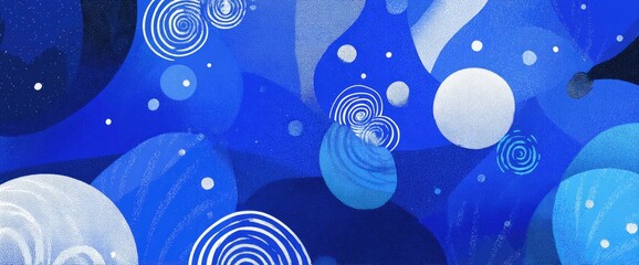 An abstract digital artwork featuring swirling shapes and concentric circles in a dark blue color palette