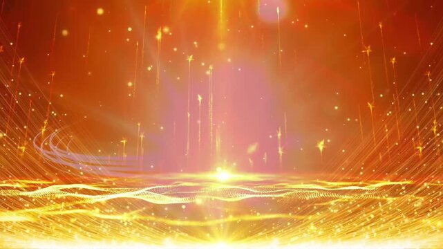 bstract red and gold stage background with glowing star particles and light rays, festive award ceremony concept