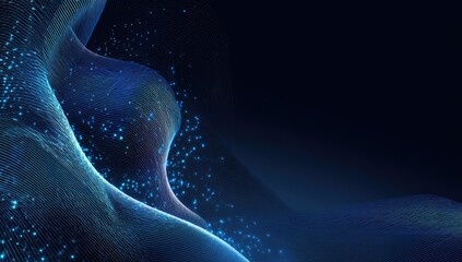 Abstract digital artwork featuring wavy, blue glowing lines and scattered particles on a dark background