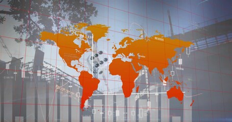 Animation of world map, statistics and financial data processing over construction site - Powered by Adobe