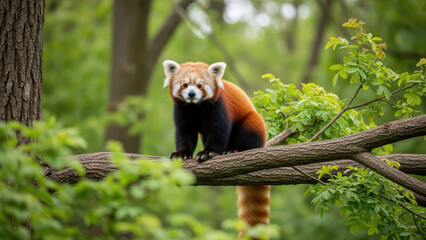 Red panda sitting on a tree branch in a lush green forest