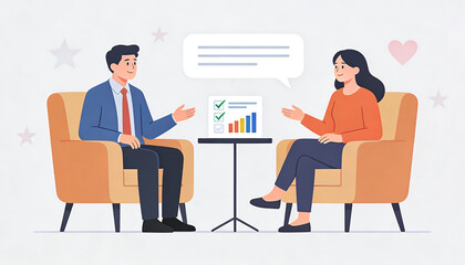 Business coaching session flat illustration manager and client discussing progress report with checklist and growth chart on table strategic planning conversation