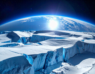 Frozen Ice Planet Covered in Blue Glaciers in Deep Space