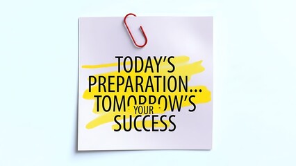 Motivational quote on paper: Today's preparation is tomorrow's success, bright yellow paint splash, red paperclip on white background