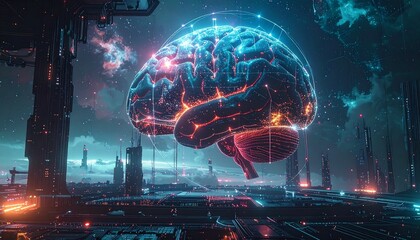 Digital brain in a futuristic city with glowing lights and advanced technology during night time