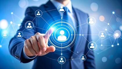 Computer network concept with people icons and a business person touching a social connection symbol