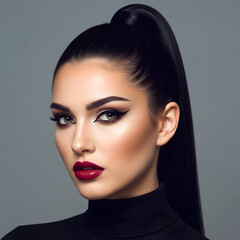 glamorous studio portrait of woman with bold makeup and sleek high ponytail