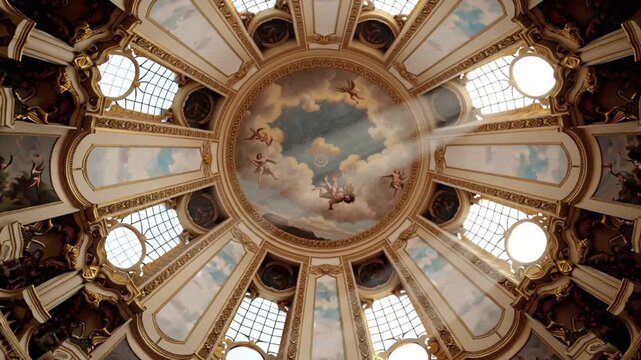 cinematic video of a Baroque ceiling mural, featuring angels, cherubs, heavenly clouds. Dynamic sky transformation morning golden sunset starry night soft natural light intricate fresco details. Slow