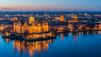 Obraz premium Enchanting Schwerin Castle Illuminated at Twilight, Reflecting in the Lake with City Lights of Schwerin, Germany.