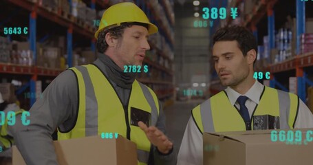 Animation of financial data processing over caucasian men working in warehouse - Powered by Adobe