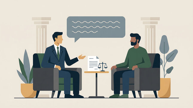 Legal consultation flat illustration lawyer advising client about contract and justice scales attorney meeting dispute resolution and law office conversation
