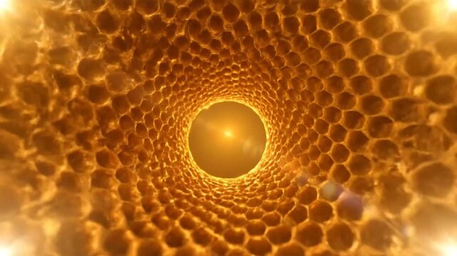 Honeycomb Tunnel: Abstract Golden View Inside a Beehive, Conceptual Journey Towards a Bright Light, Nature