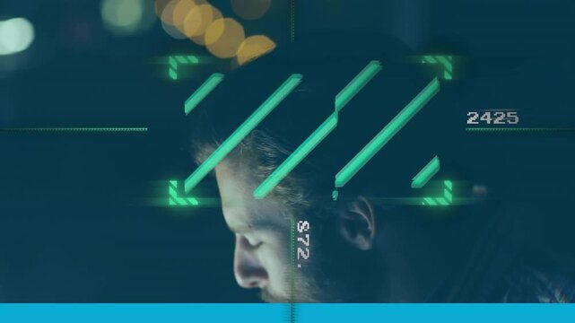 Animation of green scanner against caucasian man drinking coffee while working late at office