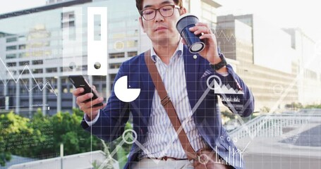 Animation of financial data processing over asian businessman using smartphone in city - Powered by Adobe