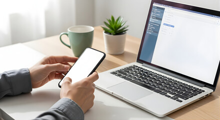 A businessman typing on a laptop keyboard in an office reflects modern business technology and online communication as hands work on a computer screen