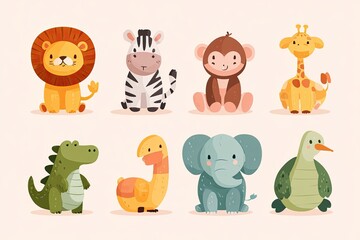 Naklejka premium Cute illustrations of eight cartoon animals, including lion, zebra, monkey, giraffe, alligator, flamingo, elephant, and tortoise