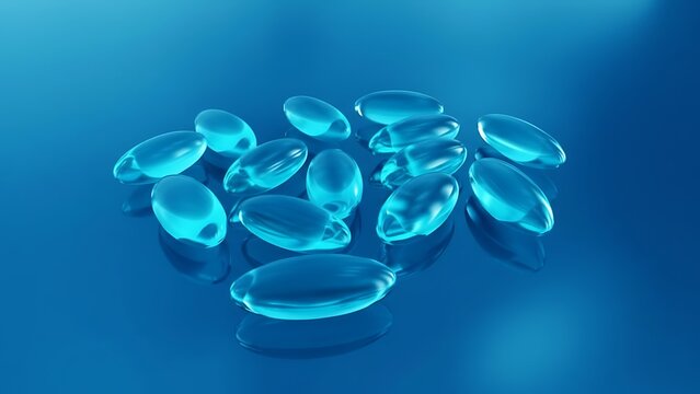 Pile of translucent blue gel capsules scattered on a reflective blue surface, clean medical or supplement concept, studio lighting - Powered by Adobe