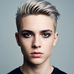 moody studio portrait of androgynous young person with short silver hair