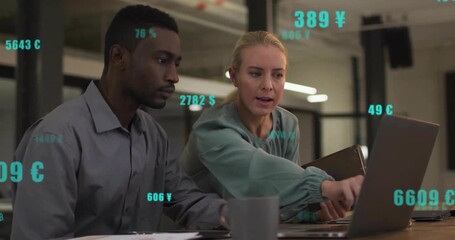 Animation of data with currency symbols over diverse colleagues discussing work in office - Powered by Adobe