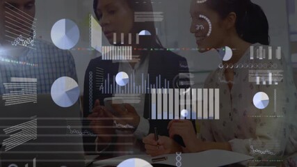 team reviewing business data at desk, featuring floating digital pie charts and bar graphs - Powered by Adobe