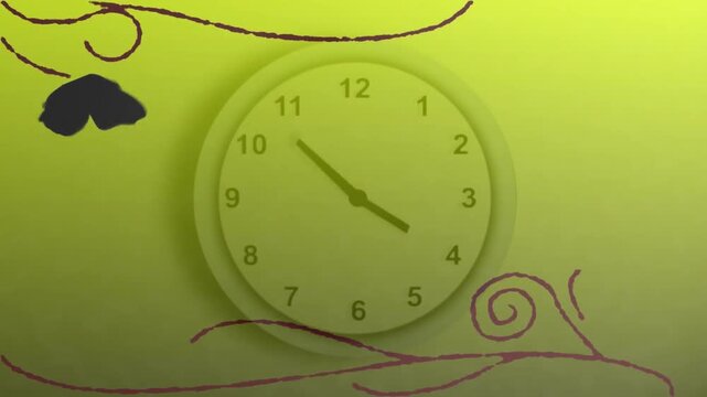 Clock showing 6:00 with butterfly and swirling vines animated design