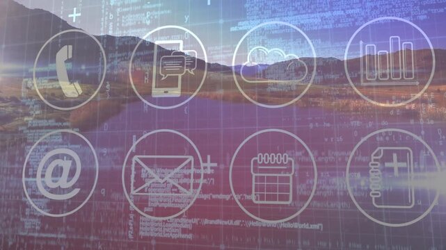 Mountain valley landscape merging with code overlay, showing floating tech icons in flat design