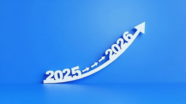 White 3D numbers 2025 and 2026 curve upwards with arrow symbolizing growth and progress on a clean blue background, forward motion concept - Powered by Adobe