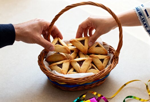 Hands reaching for Hamantaschen cookies in a wicker basket. Traditional Jewish Purim holiday celebration with festive ribbons. Sharing Mishloach Manot food gift concept
