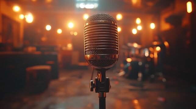 Vintage Microphone on Stand in Dimly Lit Studio with Warm Bokeh Lights and Musical Instruments Out of Focus