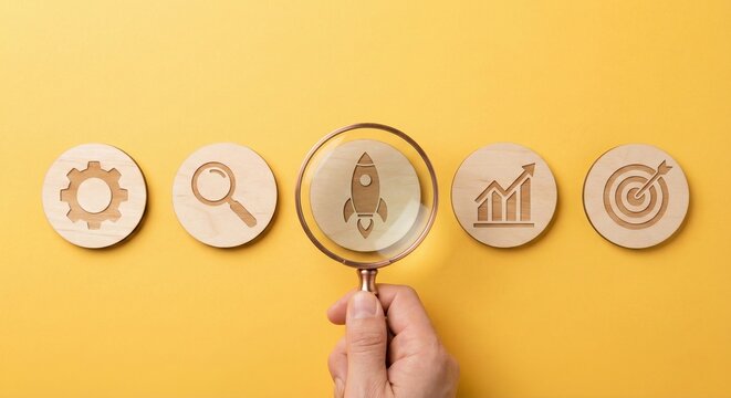Business startup and acceleration concept, hand holding magnifying glass focusing on rocket icon. Wooden circles on yellow background showing gear, search, chart, and target symbols for strategy launc