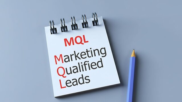 Spiral bound notepad with MQL acronym written in red and black text, next to a blue pencil on a grey background, business concept