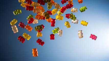 Colorful gummy bears floating in air against blue background candy 1