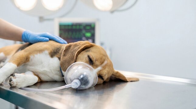 Dog lying on operating table with anesthesia mask during surgery  