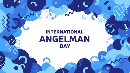 International Angelman Day background with abstract blue shapes, dots, and wavy patterns. Awareness banner for genetic and neurological disorders.