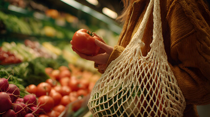 Woman selecting a fresh tomato in a grocery store with a reusable mesh bag
