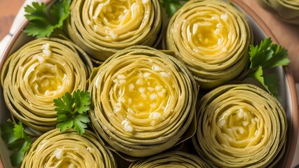 Steamed artichoke hearts with tender petals butter drizzle and garlic Mediterranean layered delicacy