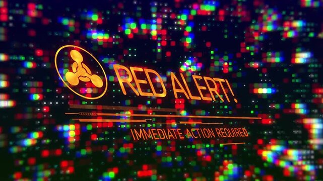 RGB grid pulsing, symbol and bar animating, morphing text into RED ALERT showing ACTION REQUIRED