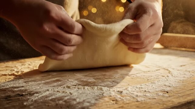 Flour-dusted hands gently stretch pliable dough on a wooden board while golden flour dust sparkles.