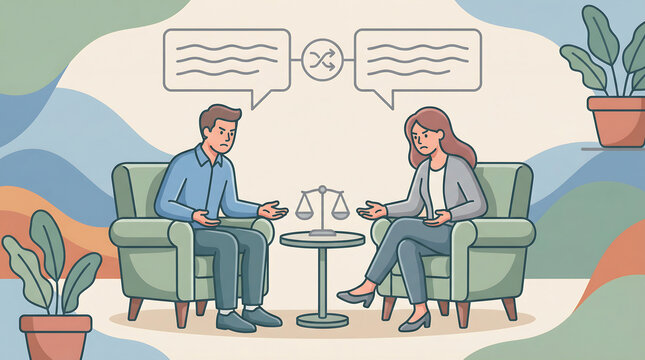Workplace conflict mediation with two coworkers arguing on sofa and scales of justice negotiation speech bubbles and dispute resolution flat design vector illustration
