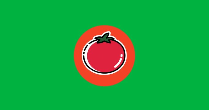 Digitally generated image of tomato icon on a red round banner against black background