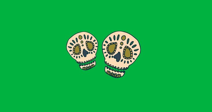 Digital animation of two decorative skull icons against black background