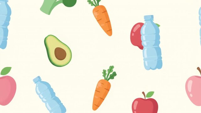 Seamless cream pattern of water bottles, apples, avocados carrots and broccoli in playful flat style