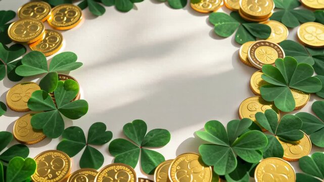 Clover Leaves Gold Coins Form Festive St. Patrick Day Pattern Vector Illustration for SEO Friendly Searchable Content