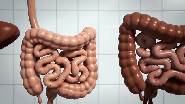 Anatomical Model of Human Digestive System Liver Stomach Intestines on White Tiled Background Anatomical Study